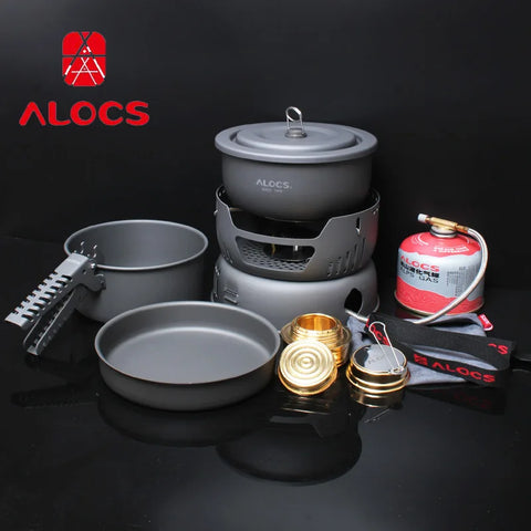 Alocs Outdoor Camping Portable Cooking Set Cookware 2 Person CW-C05 Alcohol Stove Picnic Pot Pan